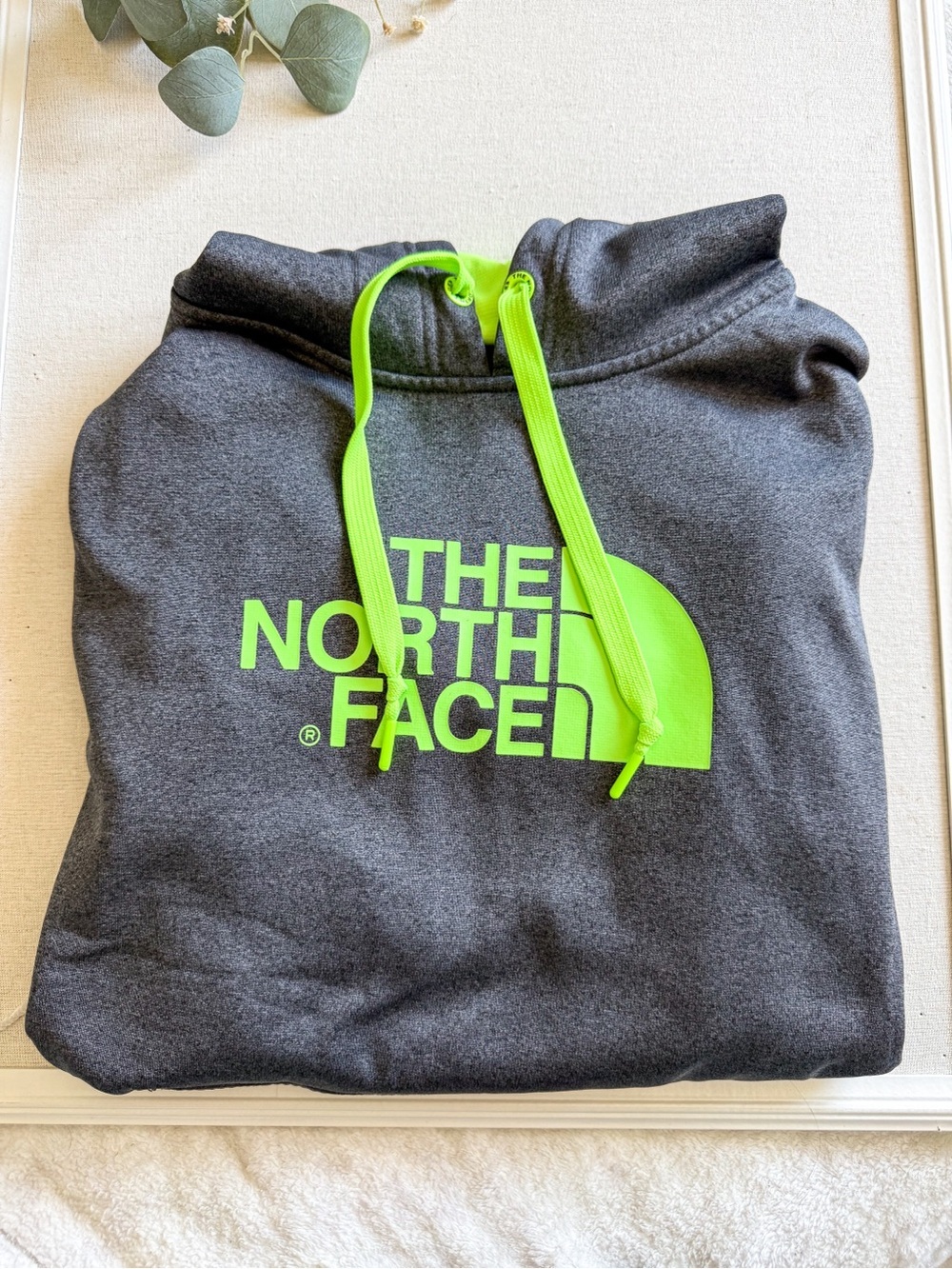 The North Face Hoodie Gray Neon Green Logo Pullover Sweatshirt Size L
